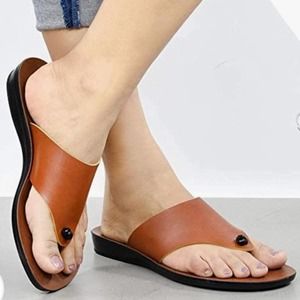 Brown Faux Leather Flip Flops Flat Sandals 10